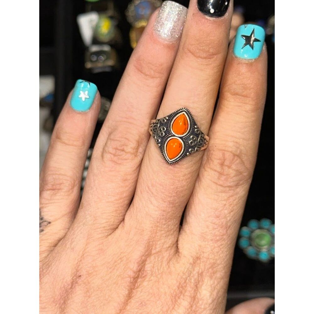 Orange Turquoise Two Stone Sterling Silver Overlay Ring Size 9